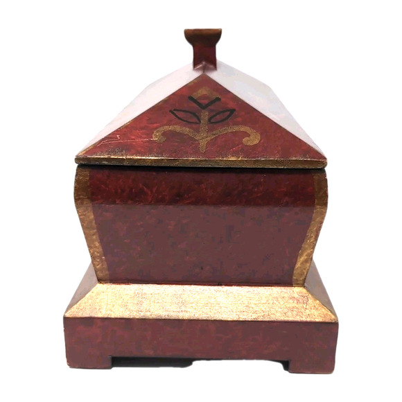 Pier 1 Imports Decorative Wooden Box w/ Lid Red Gold Hand-Painted Mantel Dresser - Picture 3 of 16